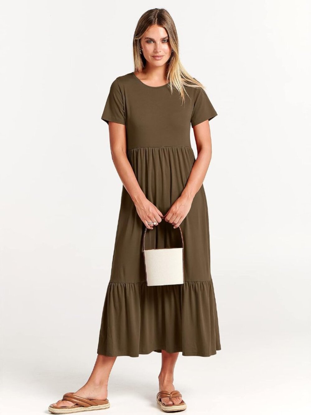Women's Coffee Summer Casual Maxi Dress A line Tiered Short Sleeve Crewneck - Picture 2 of 6